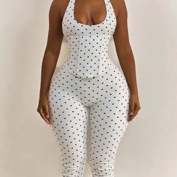 Women’s Seamless Polka Dot Shapewear Halter Bodysuit 2-Piece Set, Tummy Control & Butt Lift Waist Trainer Built In Faja Romper
