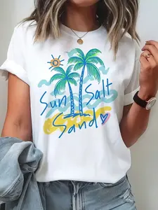 [100% Cotton][Graphic Tee]Women'S Tropical Palm Tree & Sun Salt Graphic T-Shirt - Soft Breathable Short Sleeve Round Neck Summer Beachwear Top With Turquoise & Coral Print, Casual Elegant Everyday & Party Wear,
