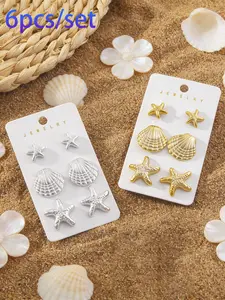 Boho Beach Vacation Starfish Shell Geometric Earrings, Simple Daily Versatile Jewelry, Women's Fashion Studs, All Seasons