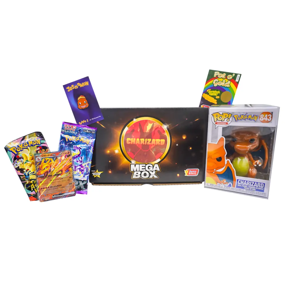 Mystery Grail Charizard Mega Box - Funko Pop, Sealed Booster Packs, Charizard Card, Enamel Pin & Bonus Items, Trading Cards, Vinyl Figure, 1 Limited Edition Enamel Pin