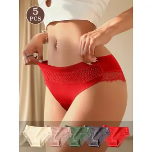 QUASTI Women's 5pcs Mid-Waist Minimalist Basic Lace Panties - Soft Skin-Friendly Seamless Lace Patchwork Fabric, Cheeky Cut Hip-Lifting Breathable Fresh Briefs for Daily Wear, S-XXL Lingerie