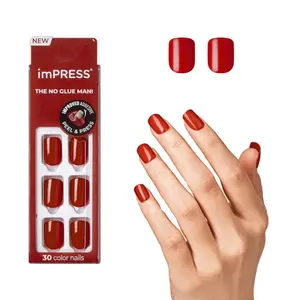 KISS imPRESS No Glue Mani Press On Nails, Color, 'Reddy or Not', Red, Short Size, Squoval Shape, Includes 30 Nails, Prep Pad, Instructions Sheet, 1 Manicure Stick, 1 Mini File