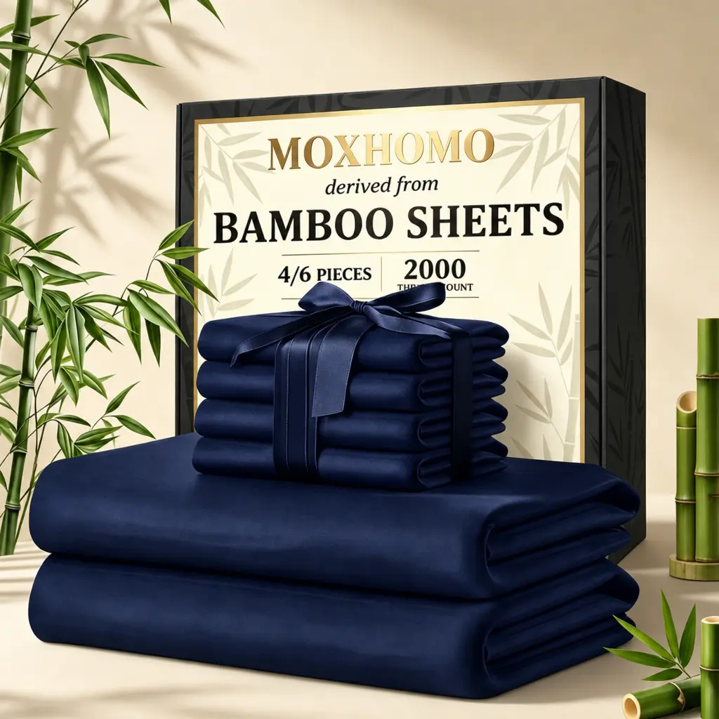 Jollyvogue Navy Blue Extra Deep Pocket Bamboo Sheets - 6 Pcs Breathable & Cooling Bamboo Bed Sheet Set, Hotel Luxury Fitted Sheet Set, Soft Wrinkle-Free & Machine Washable For Extra Deep Mattresses, Room Decor, Full/Queen/King Size Sheet & Pillowcase Sets