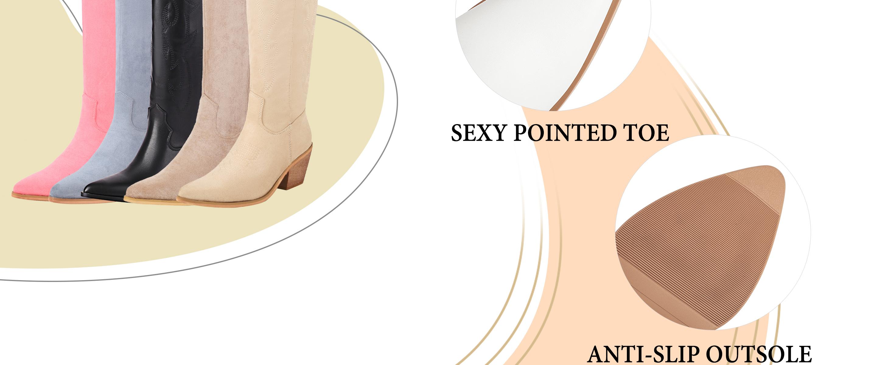 Reitoye Cowboy Boots for Women Embroidery Western Cowgirl Knee High Chunky Heel Boots with Pull-Up Tabs