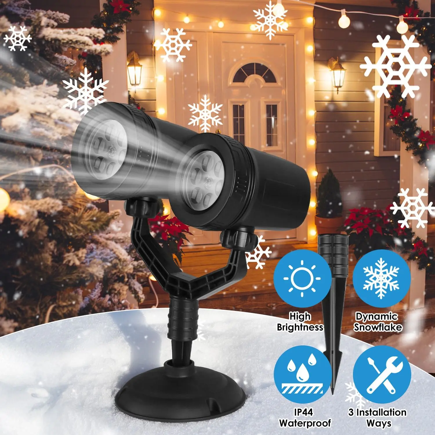 Snowflake Christmas Projector Lights - Dual-Head Adjustable IP44 Weather-Resistant Light for Outdoor House, Yard & Indoor Decor