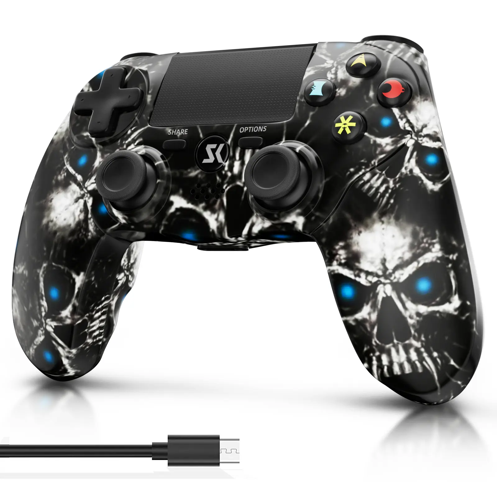 Game Controller For PS4/PC/Android/iOS, Remote Control with Double Vibration/6-Axis Motion Sensor/Speaker/3.5mm Audio Jack/Touch Pad/800mAh Battery, Bule Ghost