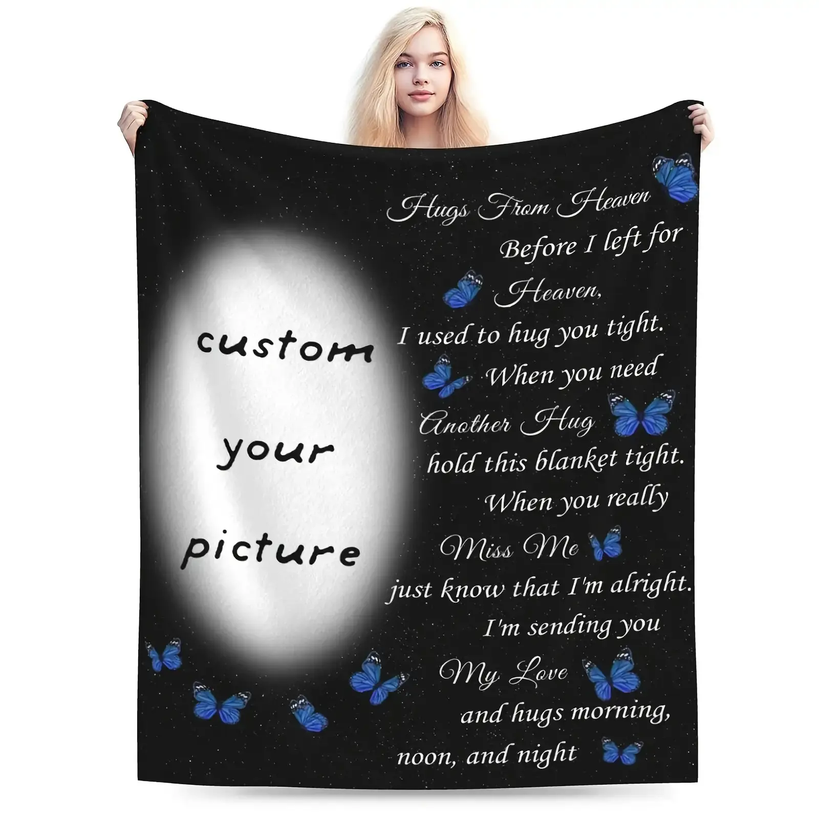 Customized Crochet 'Hug from Heaven' Photo Commemorative Blanket - Durable, Breathable Soft Flannel, Personalized Message, Vintage Style, 60x80in, Ideal for Family, All Seasons Textile Throw