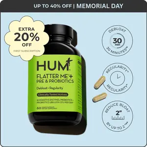 HUM Flatter Me+ Pre & Probiotics - Fast Acting Bloat Relief Supplement for Digestive Health & Debloating - Vegan 60 Servings - Clinically Tested Active Ingredients - Healthcare - Dietary Fitness Edible