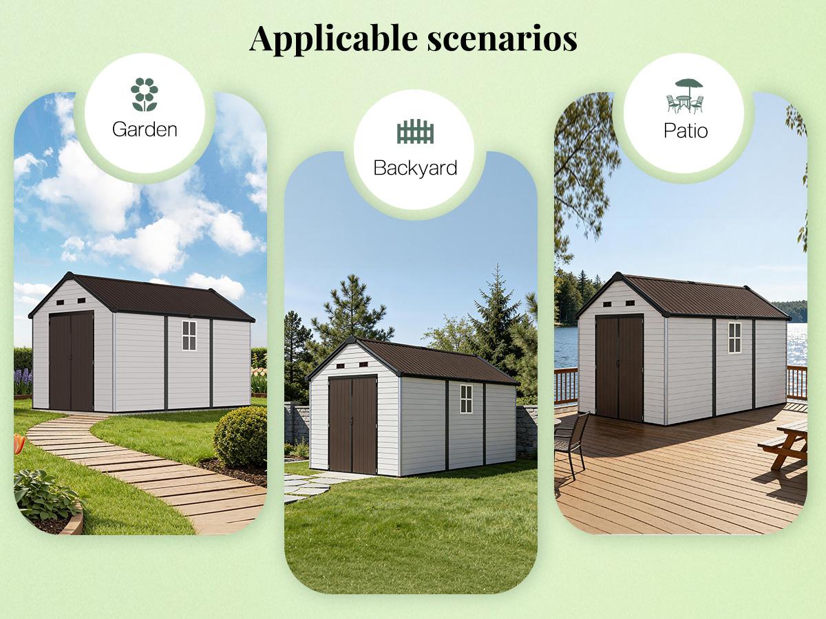 [Ships in 4 Boxes] AMERLIFE 8x13.5 FT Resin Storage Shed with Floor, Lockable Outdoor Storage Shed with Windows, Vents, All-Weather Use Plastic Structure for Garden, Backyard, Patio, Lawn – White & Brown