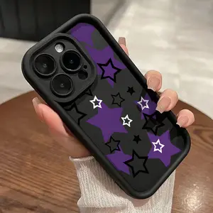 Purple Stars Pattern TPU Phone Case for iPhone 17 16 15 14 Pro Max 13 12 11 XR XS Plus E Shockproof Drop Protection Rugged Durable Silicone Cover Cellphone Protective