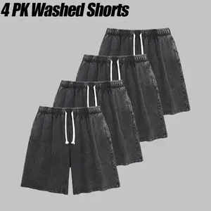 4 Pack 260G Mens Athletic Shorts | Vintage Acid Washed Heavyweight Cotton Elastic Waist Drawstring Streetwear Gym Workout Jogger Shorts with Pockets | Trendy 2026 Street Style
