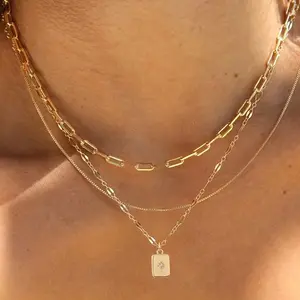 3pcs Layered Gold Plated Necklace Set for Women, Paperclip Chain with Moon Star & Square CZ Pendant, Dainty Stackable Choker Necklaces for Everyday Wear, Casual & Party Styling