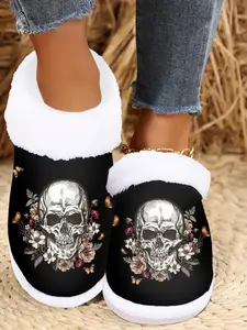Women's Skull Print Halloween Gift, Soft Memory Foam Slipper, Cozy Fuzzy Home Shoe, Winter Warm Bedroom Footwear, Anti-Slip Sole, Fuzzy Warm Slippers, Fluffy Home Slippers