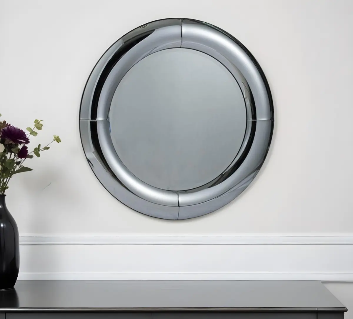 Shiny 32 in. Silver Circular Curved Wood Frame Contemporary Mirror with 360 Stand, Retro Glass Accent, Wall-Mountable Home Decor - Includes Installation Options for Room Aesthetic Enhancement