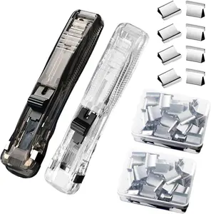2 Pcs Handheld Reusable Creative Stapler Push Stapler Clips Paper Clamp Dispenser 40 Sheet Capacity with 100 Stainless Steel Refill Binder Clips for Office Document School Supplies