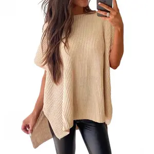 2026 Spring/Summer  S-5XL Cozy Ribbed Knit Top Women’s Crew Neck Short Sleeve Pullover Elegant Solid Color Knitwear with Side Slit for All-Season Casual Outfits