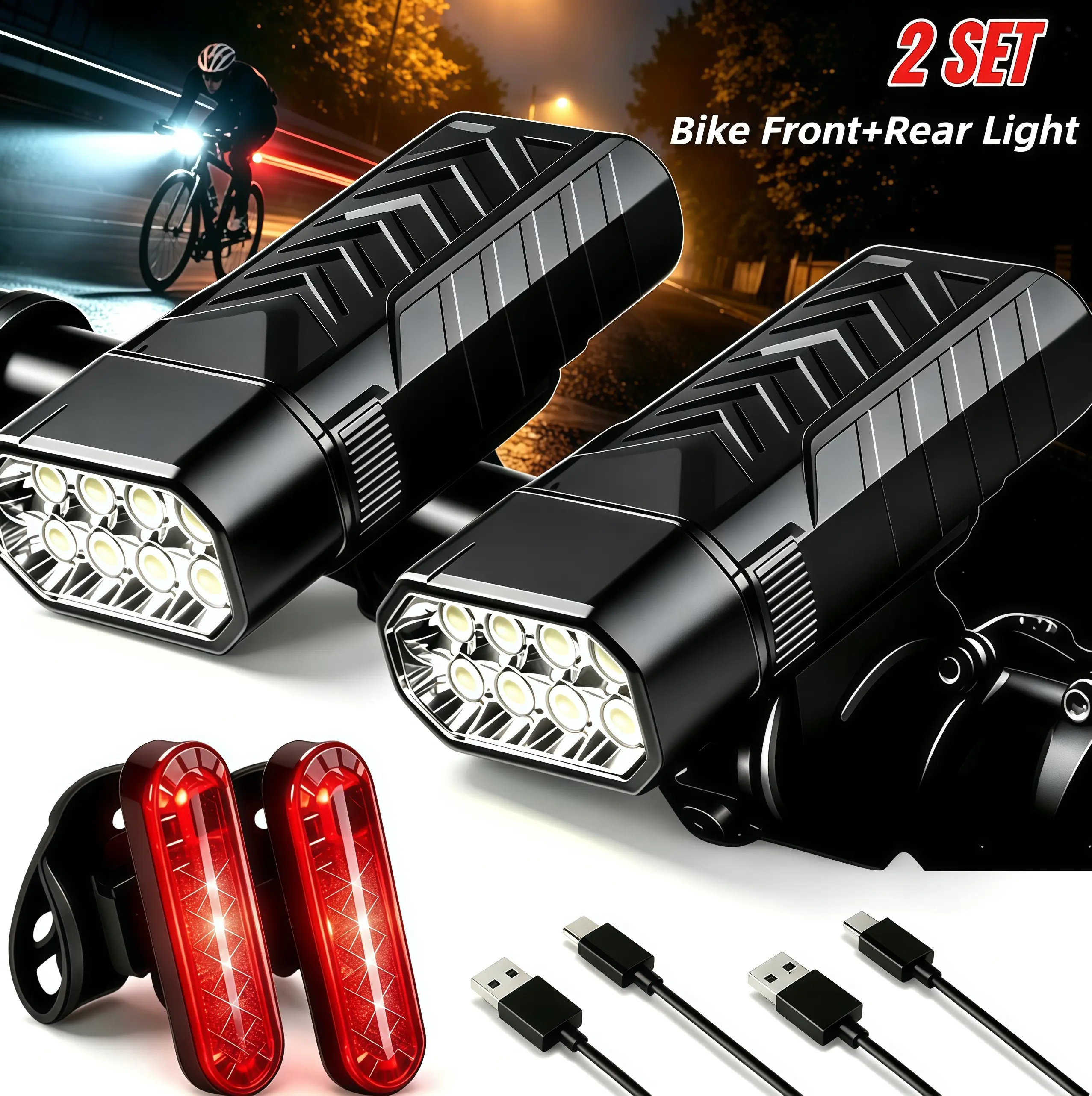 2 Sets (8 LEDs Total) Ultra Bright System - 1200mAh USB Lights with 3-Speed Front Headlight & 4-Speed Tail, USB- for Road/Mountain, Night Cycling, Compatible with