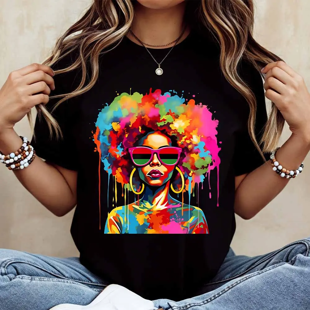 Colorful Afro Woman With Sunglasses Print T Shirt White Casual Loose Fit For Everyday Wear And Leisure Activities