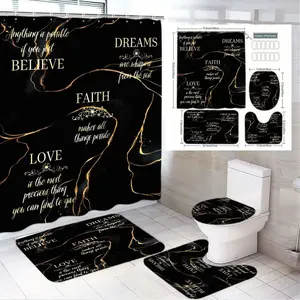 1/4pcs Black Gold Marble Bathroom Set 4-Piece Shower Curtain Sets Toilet Seat Cover Bath Mat U-Shaped Mat - with Inspirational Phrases, Luxurious Home Decor for Living Room, Bedroom, Spring Easter Valentine's Day Decor Gift