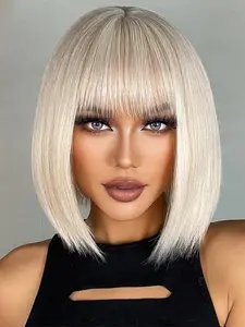 Natural Short Bob Wig with Bangs, 10 Inch Straight Hair, Synthetic Hair, Cute Fashion Design, Daily Wear Machine Made Wigs for Women, Natural Looking Wigs, Perfect for Everyday Use