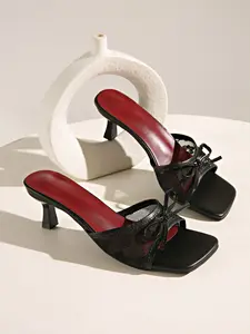 Women's Elegant Black Mesh Bow Kitten Heel Mules Square Toe Slip-On Sandals Summer Dress Shoes