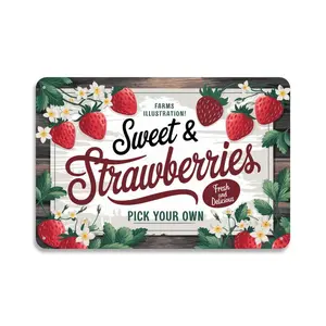 Sweet Strawberries Farm Fresh Pick Your Own Vintage Strawberry Metal Sign Print Aesthetic Room Decoration for Home Bedroom Kitchen Bar Garage Cafe Dorm Bathroom Wall Decor 8 X 12， Easy to Hang