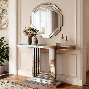 Mirrored Console Table, Silver Entryway Table with U Base & Hand-Spliced Line Design for Living Room, Hallway, Foyer, 47 Inch
