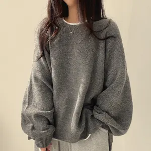 Women's Split Hem Knit Sweater, Oversized Casual Pullover with Round Neck, Solid Color Loose Fit Long Sleeve Top