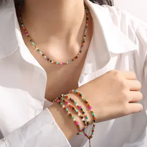 Bohemian Natural Stone Beaded Jewelry Set, Colorful Round Stone Necklace & Bracelet with 18K Gold Plated Spacers, Stackable Boho Accessories for Women locket heart