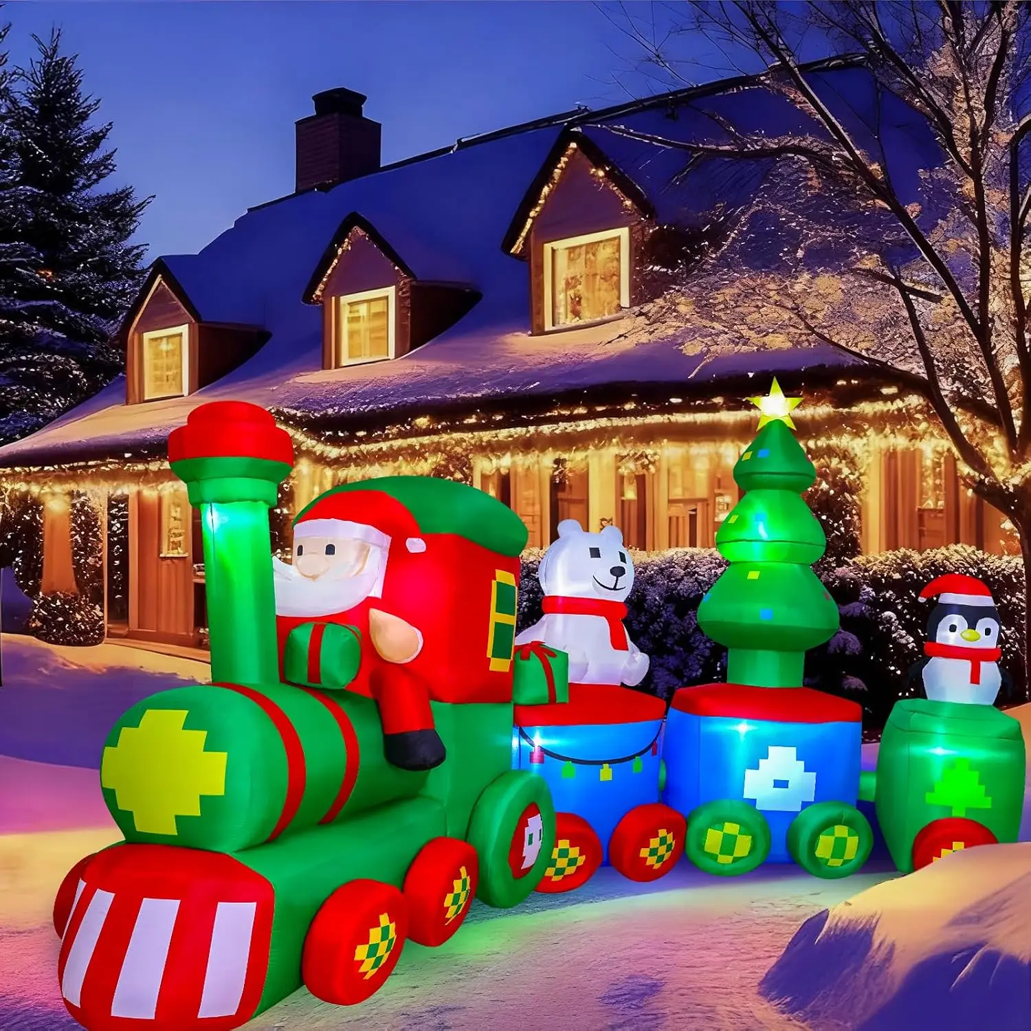 14FT Christmas Inflatables Train with Santa Claus Bear Penguin
