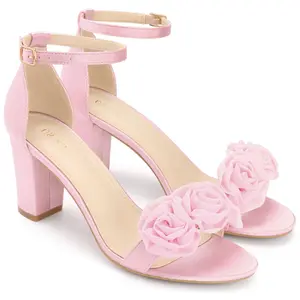 BLISSFUL STEP Valentines Floral Ankle Strap Open Toe Chunky Heels Sandals for Women 6 Bling Pink