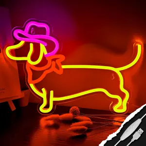 Dachshund Neon Sign Dog Neon Signs for Wall Decor Cute Puppy with Cowboy Hat Led Light Sign Indoor Decorative Light Led Ambient Lighting for Pet Shop Bedroom Wall Home Party Decor, Party Accessory, Gift for Dog Lover