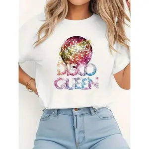 Women'S Round Neck Short Sleeve T-Shirt with Disco Ball And DISCO QUEEN Print for Spring And Summer.