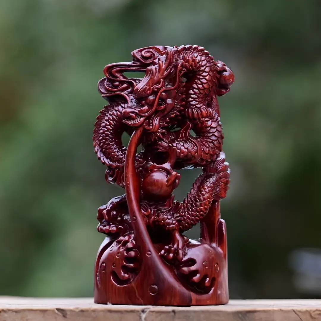 1pc Smooth Handcarved Art Rosewood Dragon Figurine - Asian Chinese Zodiac Dragon Motif Carving, Business Entryway Desk Decorative Ornament, Fengshui Prosperity Good Luck Birthday Gift with Box, Traditional