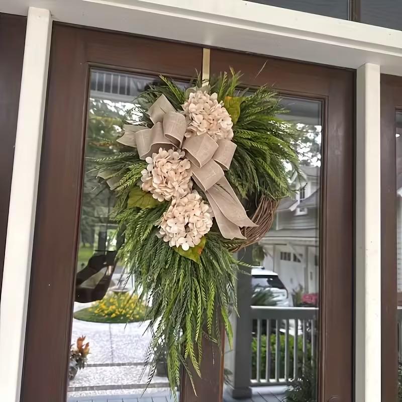 Rustic Bohemian Wreath (double-Sided Door Hanging) with Linen Bow & Greenery, Natural Farmhouse Style, Holiday Decorations