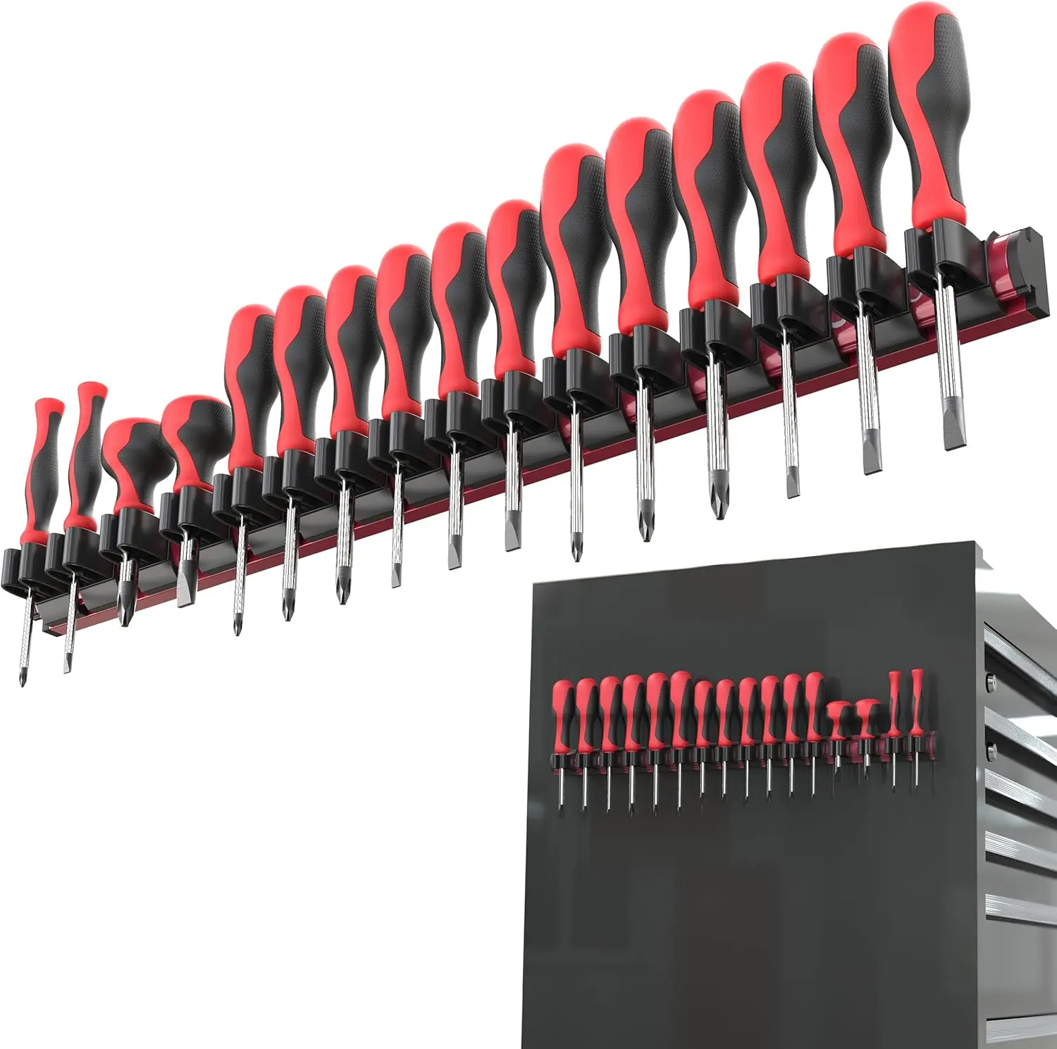 Olsa Tools Magnetic Screwdriver Organizer - Screwdriver Holder with Strong Magnets and Foam Backing - Professional Tool Holder and Tool Organizer - Stores up to 16 Screwdrivers - Red - Part: 1008