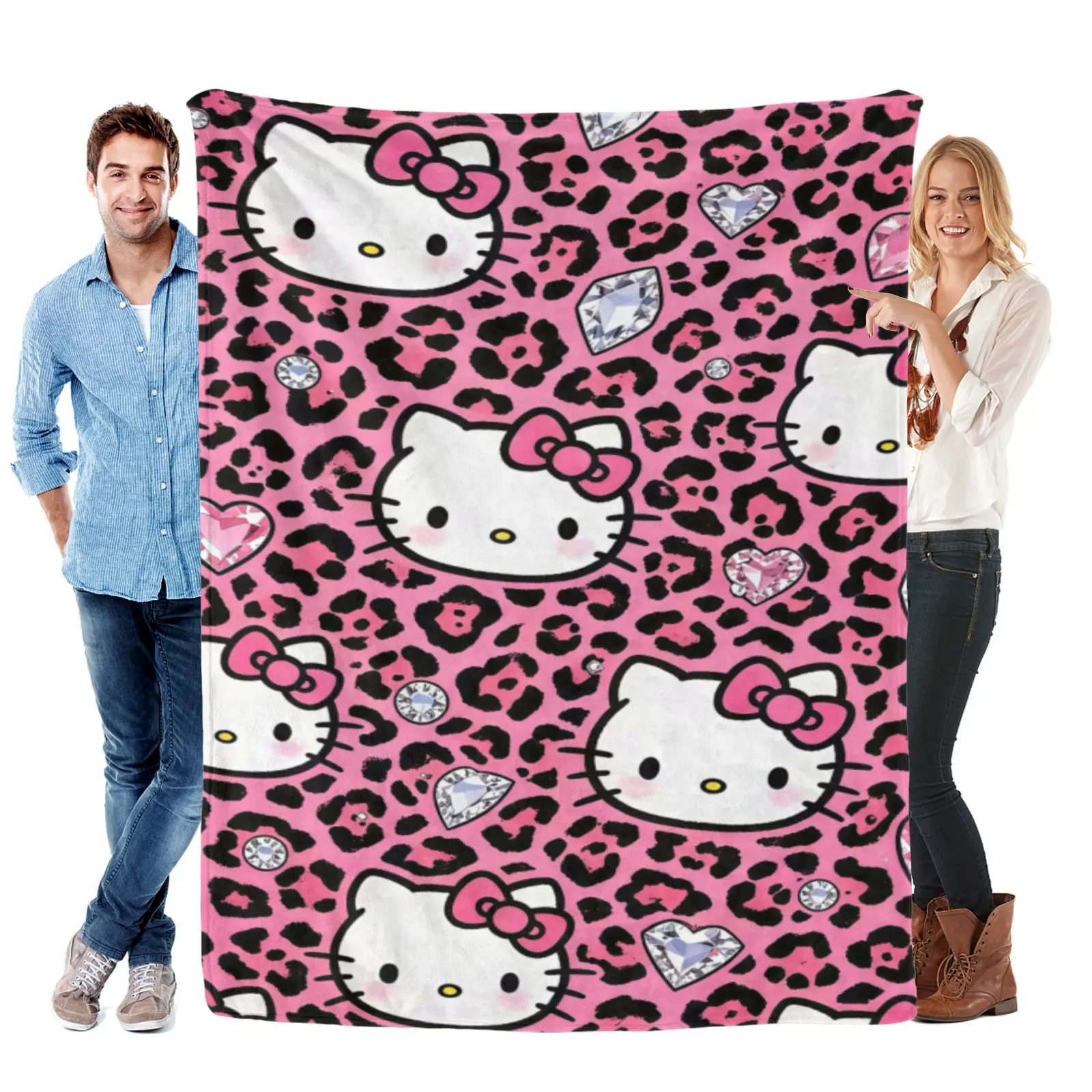 Sanrio Y2k Pink Leopard Crystal Hello Kitty Blanket, Ultra Soft Fleece Throw Blanket,Hello Kitty Aesthetic Blanket For Travel Camping Wrap