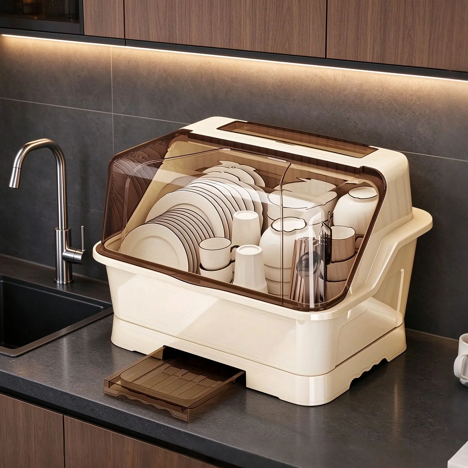 Countertop Dish Storage Cabinet with Pull-Out Drain Tray, Over Sink Dish Drainer Drying Rack with Cover, for Plates,Bowls & Cutlery, Full Enclosure Dust-Proof Dish