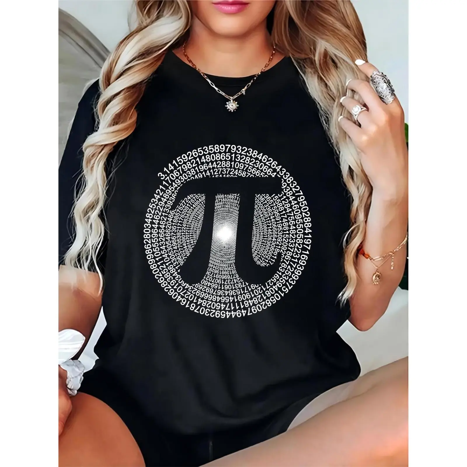 Women's Pi Symbol Graphic T-Shirt, Comfortable 100% Cotton Casual Crew Neck Top for Math Enthusiasts, Essential for Pi Day & School, Ladies, Feminine, Prints, Basic, Short Sleeve, Fit, Simple, Lady, Round Neck, Elegant, Tee, Regular Fit