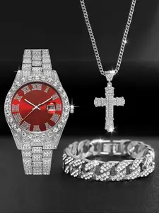 Stylish Men's Watch Set with Necklace & Bracelet, 3pcs Fashion Accessory Kit, Perfect Gift for Birthdays & Holidays