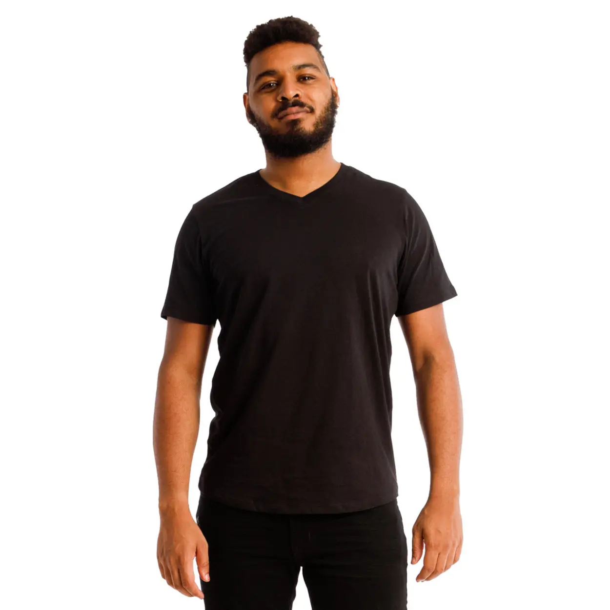 Men's Fitted Organic Cotton-Spandex Stretch Basic V-Neck T-Shirt - Super Soft Plain Black Casual Top with Stitched Hem for Biceps Accentuation, Peck-Flattering Style