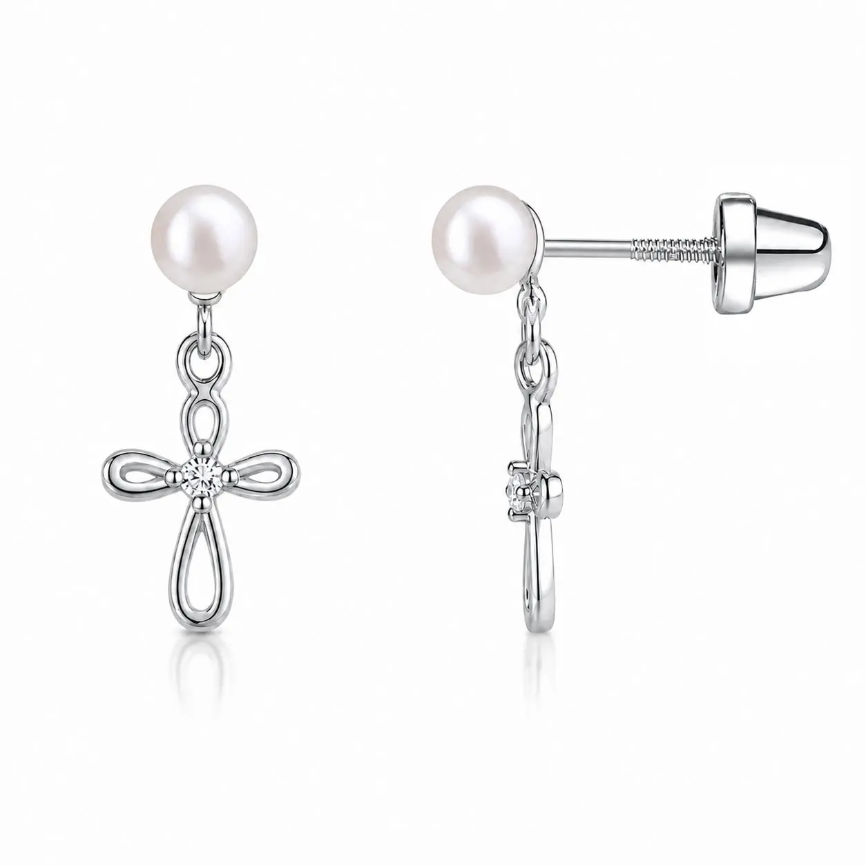 Girls Infinity Freshwater Pearl or CZ Cross Dangle Earrings in Sterling Silver