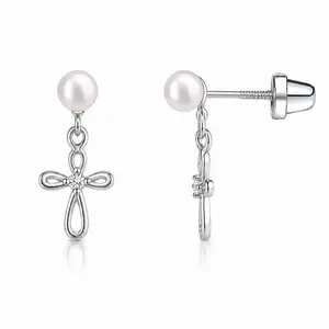 Girls Infinity Freshwater Pearl or CZ Cross Dangle Earrings in Sterling Silver