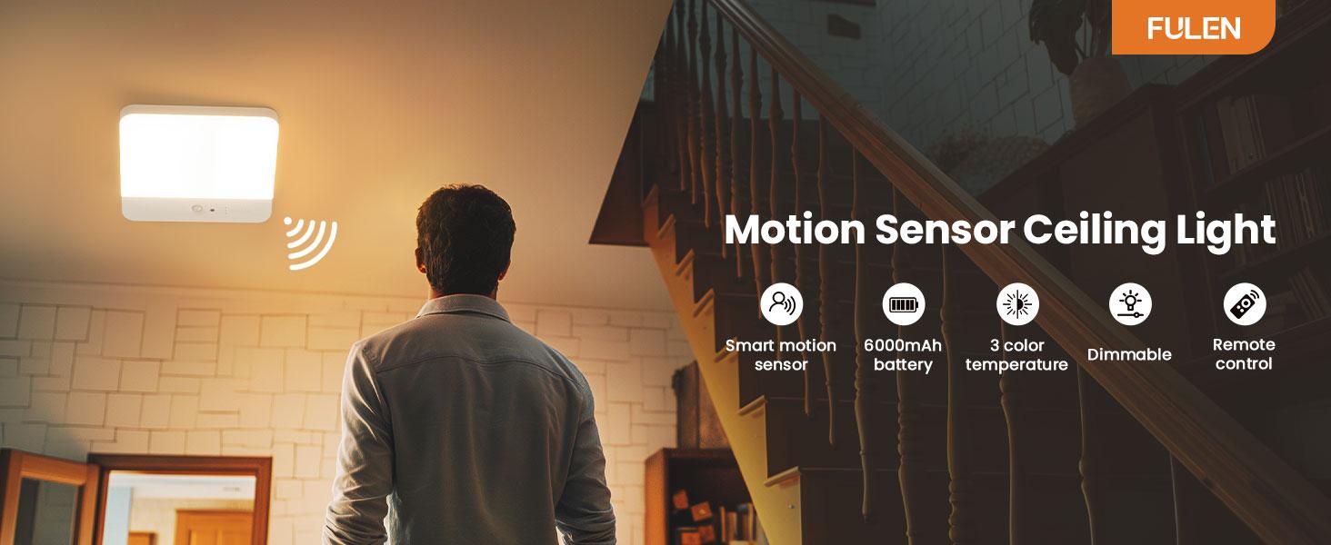 Motion Sensor Ceiling Light Fixture Cordless Closet Battery Operated Rechargeable Magnetic Mount LED Shower Light for Bathroom Stairs Garage Hallway 3 Color Temperatures Remote Control