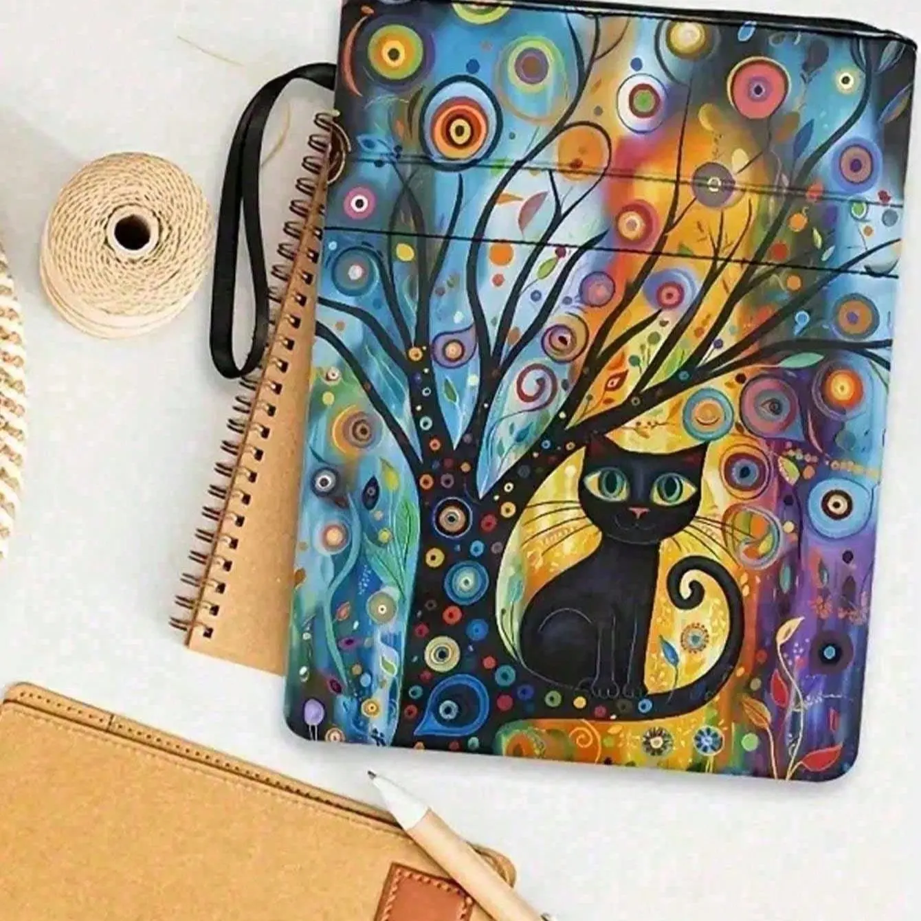 Cute Cat Book Cover, Durable Washable Fabric, Zipper Cover for 11x8.7-Inch Books, Book Bags, Office Aesthetic Desk Accessories, Desk Decor, Gothic Crescent Design