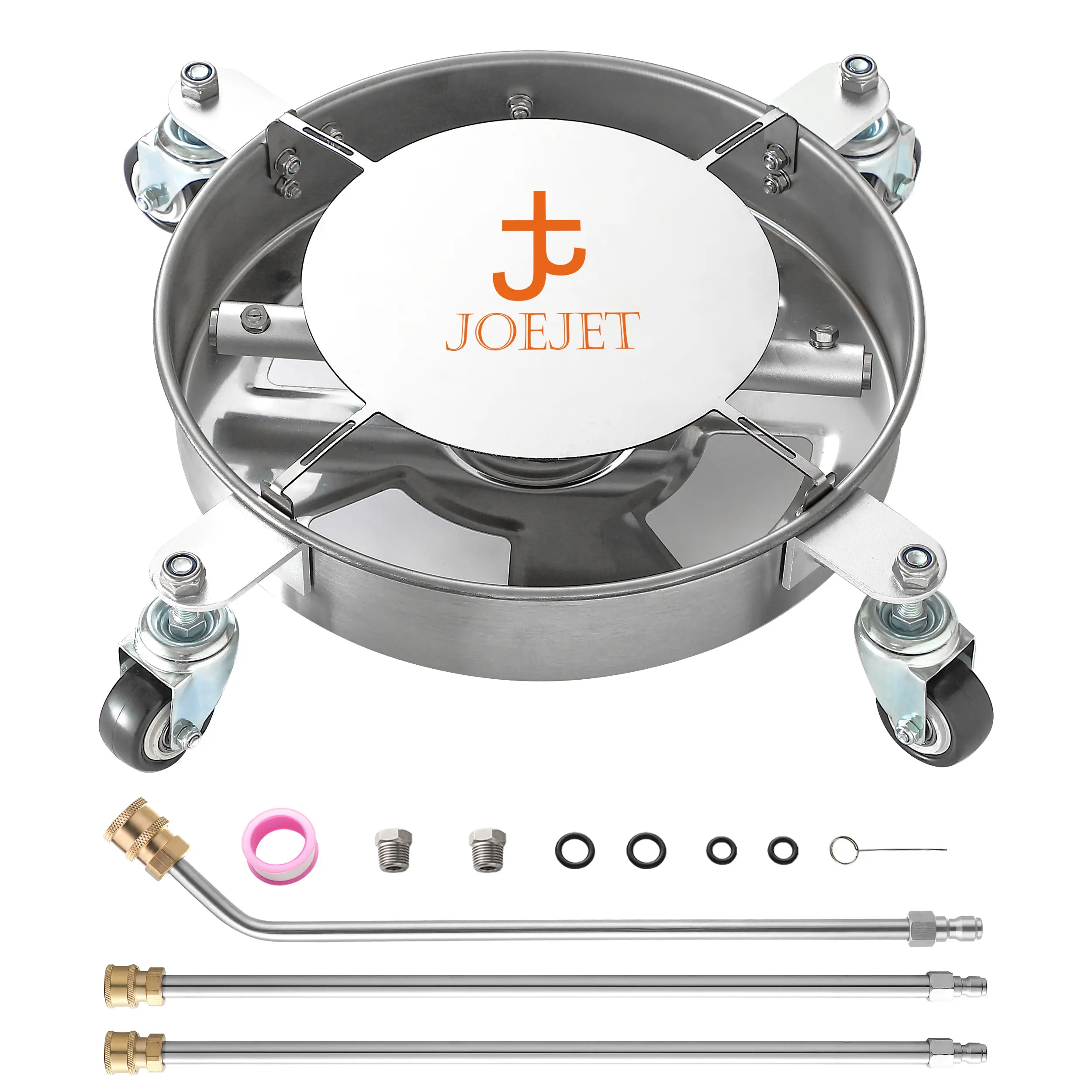 JOEJET Undercarriage Pressure Washer Attachment - 14-in Stainless Steel Cleaner, 4 Wheels, 3 Extension Wands, 4000 PSI Max, Dual Jets, Rustproof Sturdy Build, Quick Connect Kit, Water Conservation, Efficient Cleaning, Father's Day Gift, 30-Degree, Sturdy