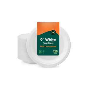 100% Compostable 9 Inch Heavy-Duty [125-Pack] Eco-Friendly Disposable White Bagasse Plate, Made of Natural Sugarcane Fibers - 9" Biodegradable Paper Plates by Stack Man