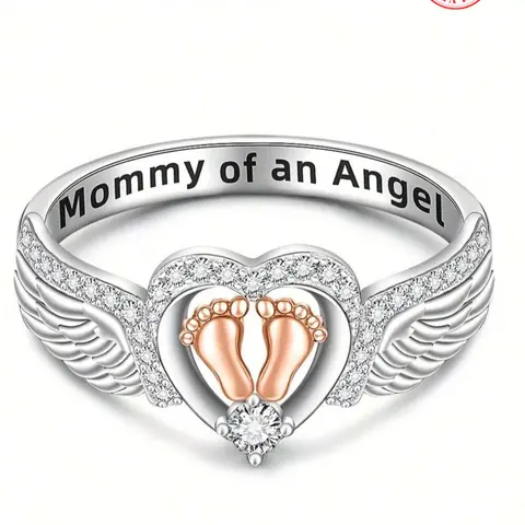 925 Sterling Silver Angel Wing Design Ring, Heart & Footprint Decorative Ring for Women, Fashion Jewelry Accessories for Daily Wear, Jewelry for Birthday Gift, Engraved Ring, Beautiful Rings