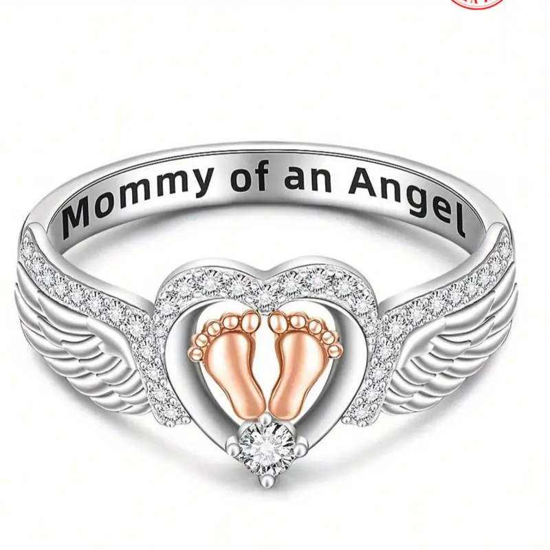 925 Sterling Silver Angel Wing Design Ring, Heart & Footprint Decorative Ring for Women, Fashion Jewelry Accessories for Daily Wear, Jewelry for Birthday Gift, Engraved Ring, Beautiful Rings