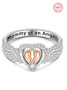 925 sterling silver angel wing design ring, heart & footprint decorative ring for women, fashion jewelry accessories for daily wear, trendy all-match & exquisite jewelry for birthday gift, unique rings, trendy fine jewelry